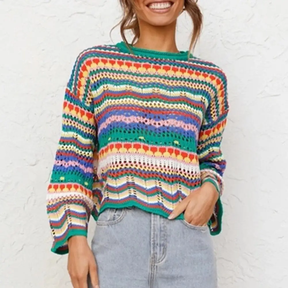 New Women's Punk Gothic Striped Long Sleeve Loose Patchwork Sweater Hip Hop Retro Short Pullover Casual Knit Pullover 1