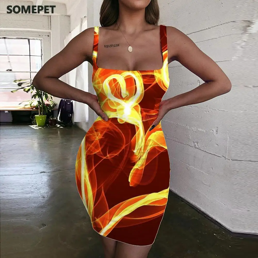 

SOMEPET Flame Dresses Women Love Halter Sleeveless Pattern 3d Print Abstract Bodycon Dress Womens Clothing Party Vintage Boho