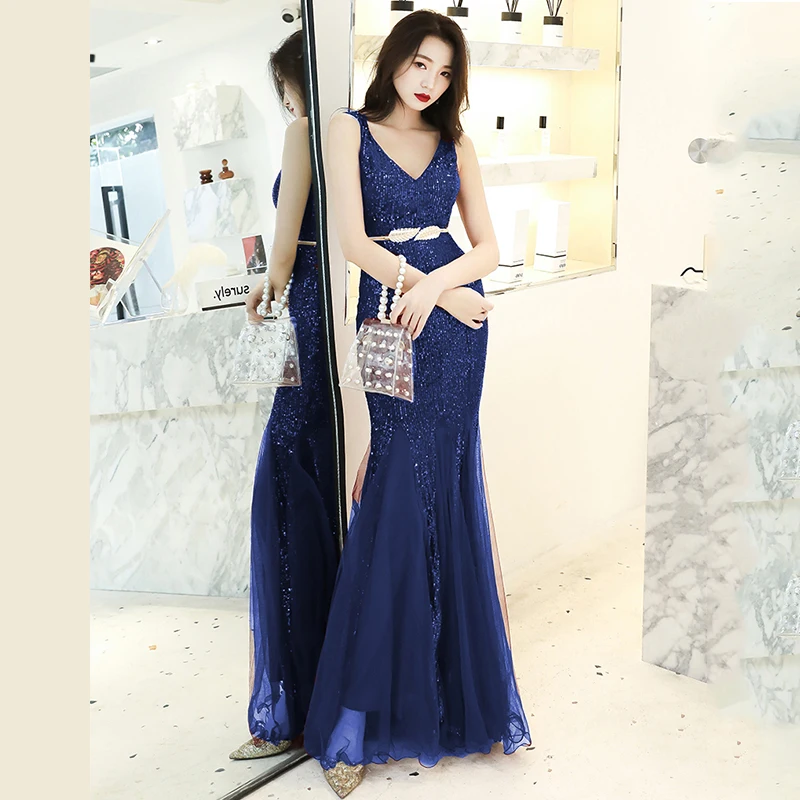 Это YiiYa Формальные платья Элегантный v-образным вырезом размера плюс Vestidos De Gala K113 без рукавов вечерние платья для женщин Русалка Длинные
