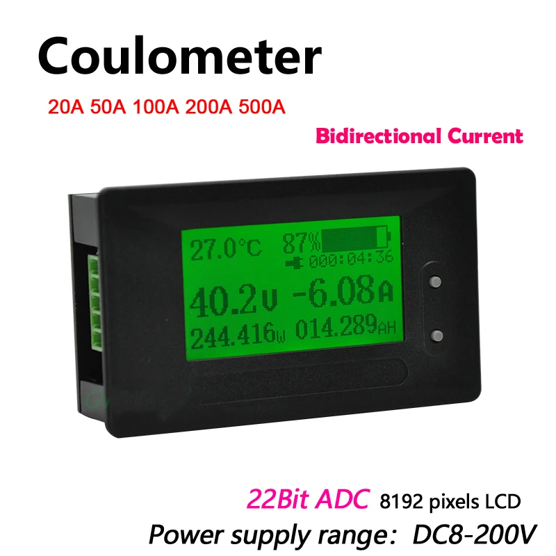 DC 200V 0-500A кулометр измерителль батарея монитор Напряжение Ток Мощность литий-ионный Lipo Lifepo4 LTO тестер кислотности