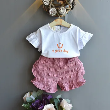 

Casual Girls Sets Summer Girl Child short Sleeve Letter Fashion Bow T-shirt Pants Sets Toddler Girl Clothes Girls Outfits 2-6Y