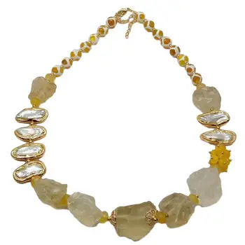 

Natural Lemon Quartz Rough White Biwa Pearl Agate Necklace 21"