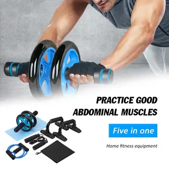 

5-in-1 Gym Home Fitness Equipment Muscle Trainer Wheel Roller Kit AB Wheel Abdominal Roller With Push UP Bar Jump Rope Knee Pad
