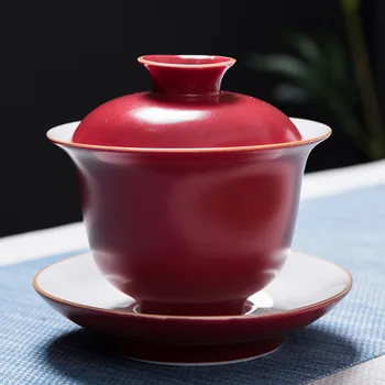 

White Porcelain Glaze Red Cover Bowl Large Kung Fu Three Tea Bowl Ceramic Brew Tea Bowl Toast Tea Cup Sopera De Ceramica Gaiwan
