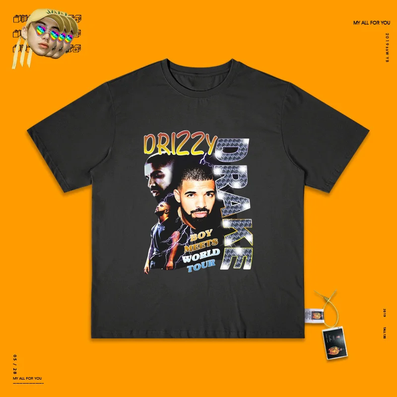 Drake хип-хоп винтажная рэп футболка рэп хип-хоп Рэп звезда короткий рукав Футболка - Цвет: Washed black