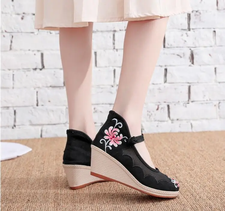 Air Mesh Wedge Pumps for Ladies 2021 Summer Women Shoes обувь для женщин летняя Ethnic Embroidered Ankle Strap Female Sandals