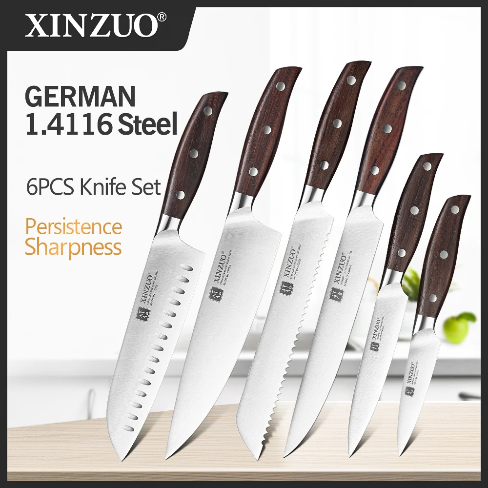 XINZUO Kitchen Tools 6 PCS Kitchen Knife Set of Utility Cleaver Chef Bread Knife High Carbon German Stainless Steel Knives sets 1