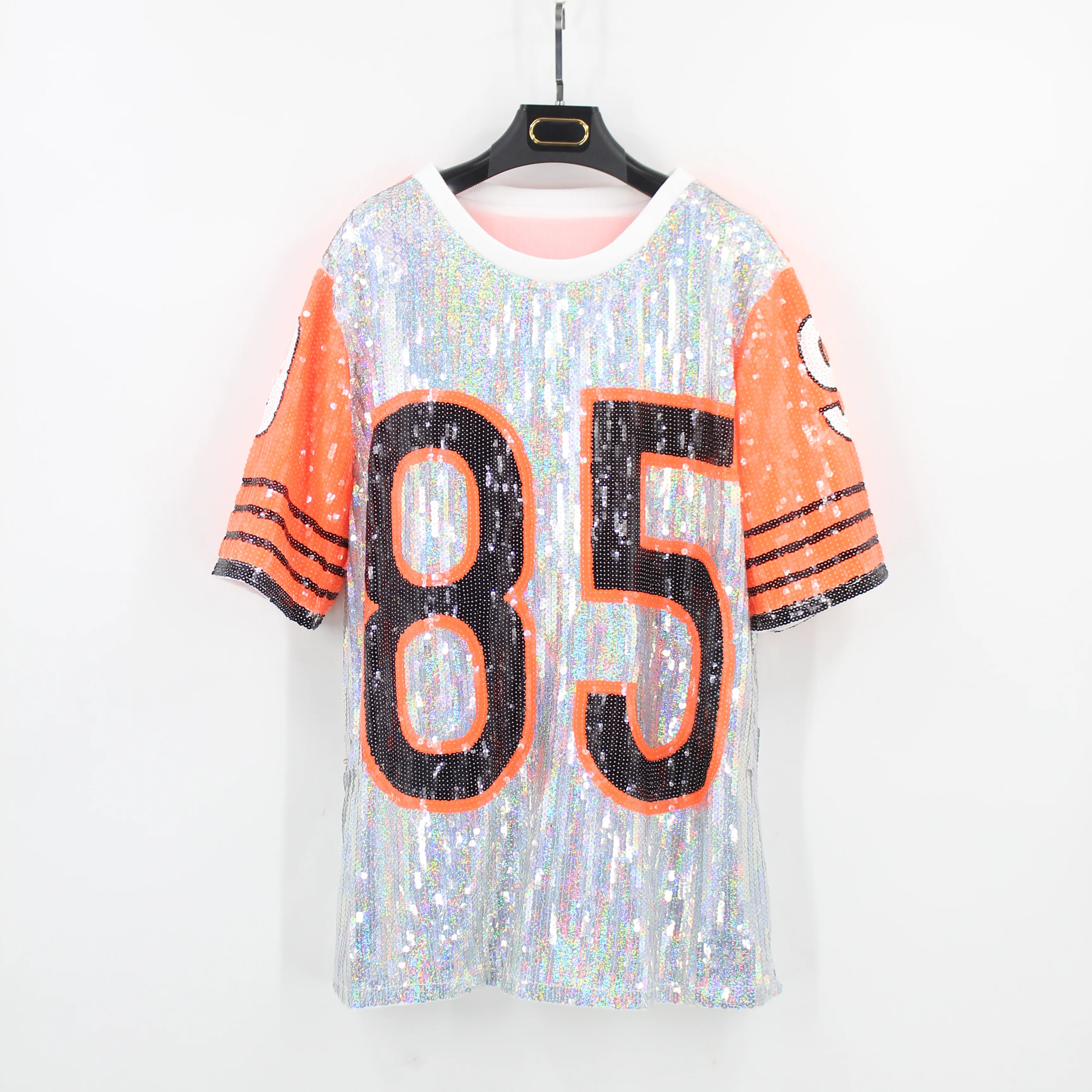 H80&S90 New Streetwear Loose Letter Half Sequin Above Knee Mini Regular Natural O-Neck Spring Summer Dress Hip-Hop Oversize Tops