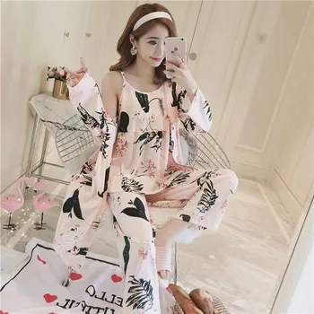 

3PCS Sexy Pajama Sets for Women 2020 Spring Autumn Long Sleeve Robes Floral Print Sleepwear Pyjama Homewear Pijama Mujer Clothes