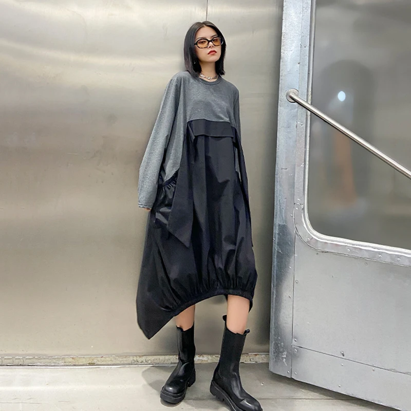 [EAM] Women Gray Contrast Color Big Size Dress New Round Neck Long Sleeve Loose Fit Fashion Tide Spring Autumn 2020 1DA259