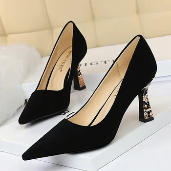 

Women Shoes Stiletto High-heeled Shallow Mouth Pointed Sexy Nightclub Was Thin Suede Color Matching Leopard-print Single Shoes