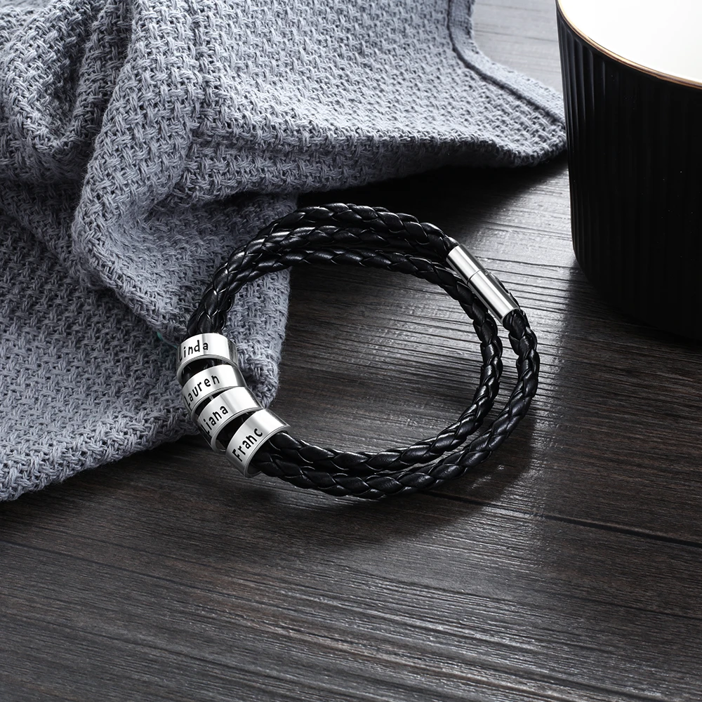 Billig Personalisierte Geflochtene Leder Armbänder für Männer mit Edelstahl Perlen Benutzerdefinierte Familie Name ID Armband Armband Geschenke für Ihn