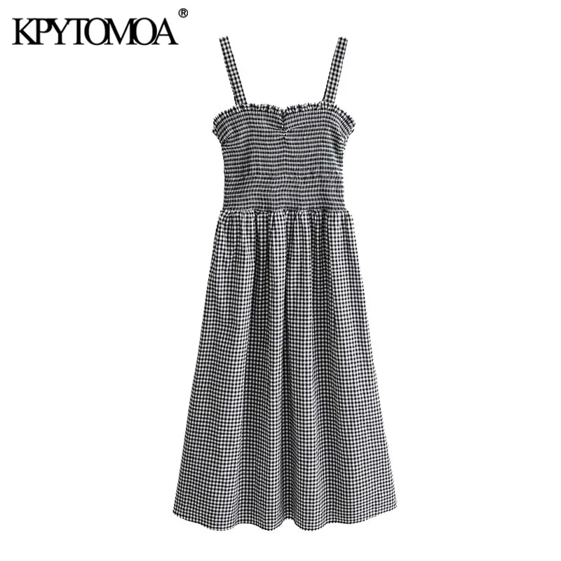 KPYTOMOA Women 2020 Sweet Fashion Plaid Smocked Midi Dress Vintage Backless Ruffled Straps Female Dresses Chic Vestidos Mujer KPYTOMOA Women 2020 Sweet Fashion Plaid Smocked Midi Dress Vintage Backless Ruffled Straps Female Dresses Chic Vestidos Mujer