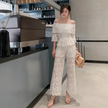 

2019 New Autumn Elegant Lace Slash Neck Top and Pants 2 Piece Set Women Sexy Hollow Out Bodycon White Pink Two Piece Sets