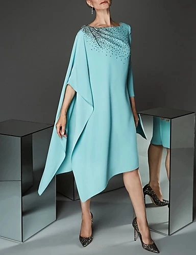 

Turquoise Mother Of The Bride Dresses Sheath 3/4 Sleeves Knee Length Beaded Plus Size Short Groom Mother Dresses For Weddings