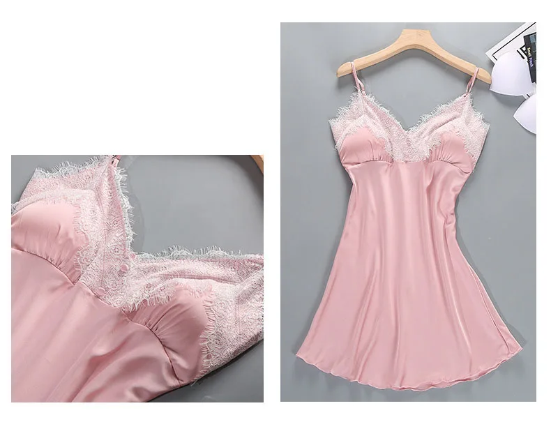 Queenral 2PCS Sexy Women's Robe Gown Sets Night Woman Nightgown Summer Nightdress Lace Satin Sleepwear Pajamas With Chest Pad   67