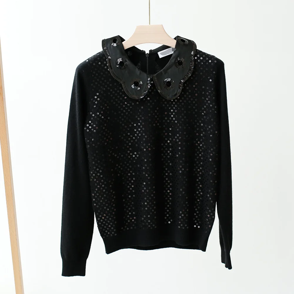 Women Sweater Autumn and Winter New Blingbling Shiny Handmade Hot Sequined Cashmere Sweater Sweater Women Peter Pan Collar Women Sweater Autumn and Winter New Blingbling Shiny Handmade Hot Sequined Cashmere Sweater Sweater Women Peter Pan Collar