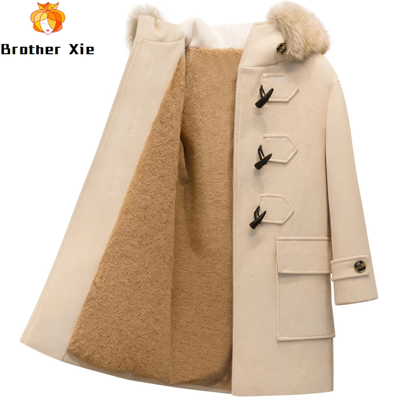 

New Warm Woolen Jacket For Winter Long Hooded Horn Button Wide-waisted Beige Coat Casual China (mainland) Winter Coat Women