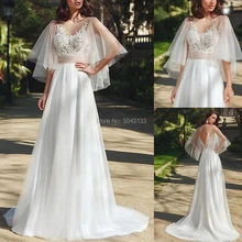 Элегантные Свадебные платья из тюля в стиле бохо, Кружевная аппликация, круглый вырез, рукав-фонарик, пикантное свадебное платье, открытая спина, длина до пола, платье невесты