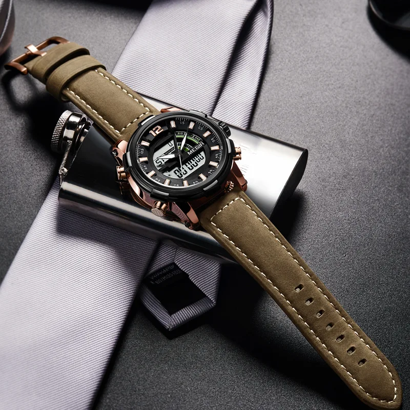 

Hot Sales Natural Detox Gainer Megir Watch Men's Dual Display Movement Multi-functional Sports Genuine Leather MEN'S Watch 2089