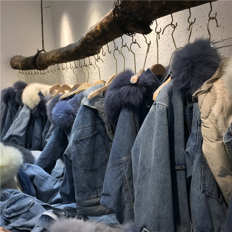 Новинка, модное пальто с воротником из натурального Лисьего меха, женская зимняя Съемная джинсовая куртка, пальто, верхняя одежда из натурального меха, хлопковое пальто