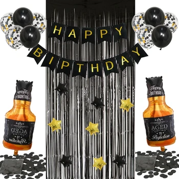 

3M Metallic Foil Fringe Shimmer Backdrop Whiskey Bottle Black Confetti Latex Balloons Happy Birthday Banner Party Decoration