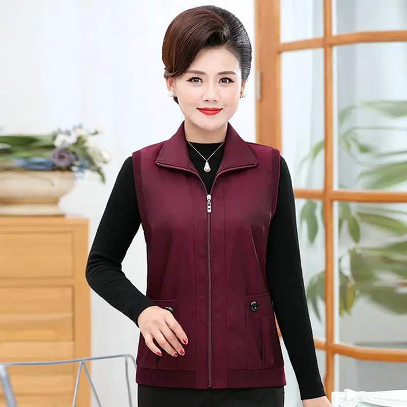 Осенне-весенний Женский Повседневный жилет темно-зеленый синий красный фиолетовый жилет на молнии спереди с карманами и отложным воротником Верхняя одежда без рукавов - Цвет: zihong