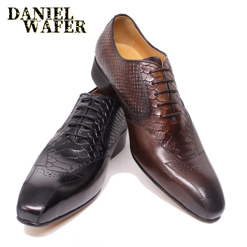 LUXURY MEN LEATHER SHOES SNAKE SKIN PRINTS BUSINESS WEDDING CLASSIC STYLE BLACK COFFEE POINTED TOE LACE UP OXFORD SHOES FOR MEN