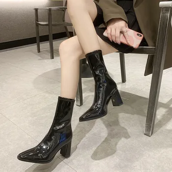 

2020 new autumn net red patent leather boots women British style square head short boots ins thick heel
