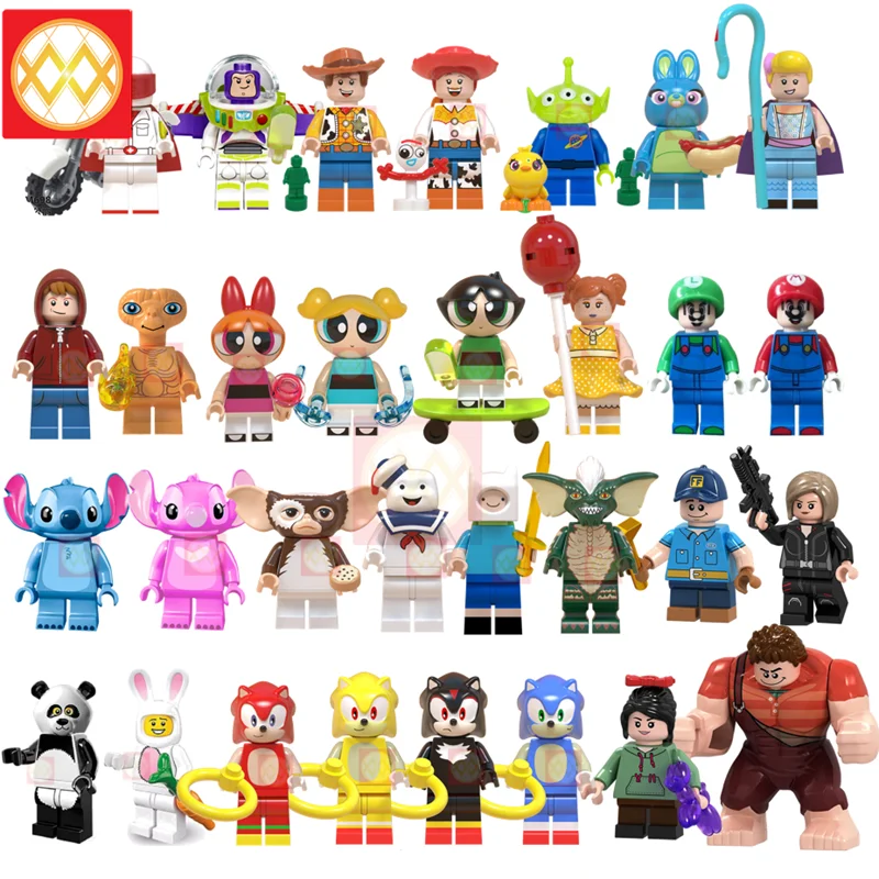

20PCS/LOT Super Mario Brother Luigi Gremlins Stitch Angie ET Toy Story 4 Buzz Lightyear Forky Woody Alien Building Blocks Toys