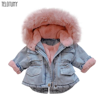 

TELOTUNY Winter Baby Girls Denim Jacket Plus Velvet Real Fur Warm Toddler Girl Hooded Outerwear Infant 1-6 Years Kids Coats 1107