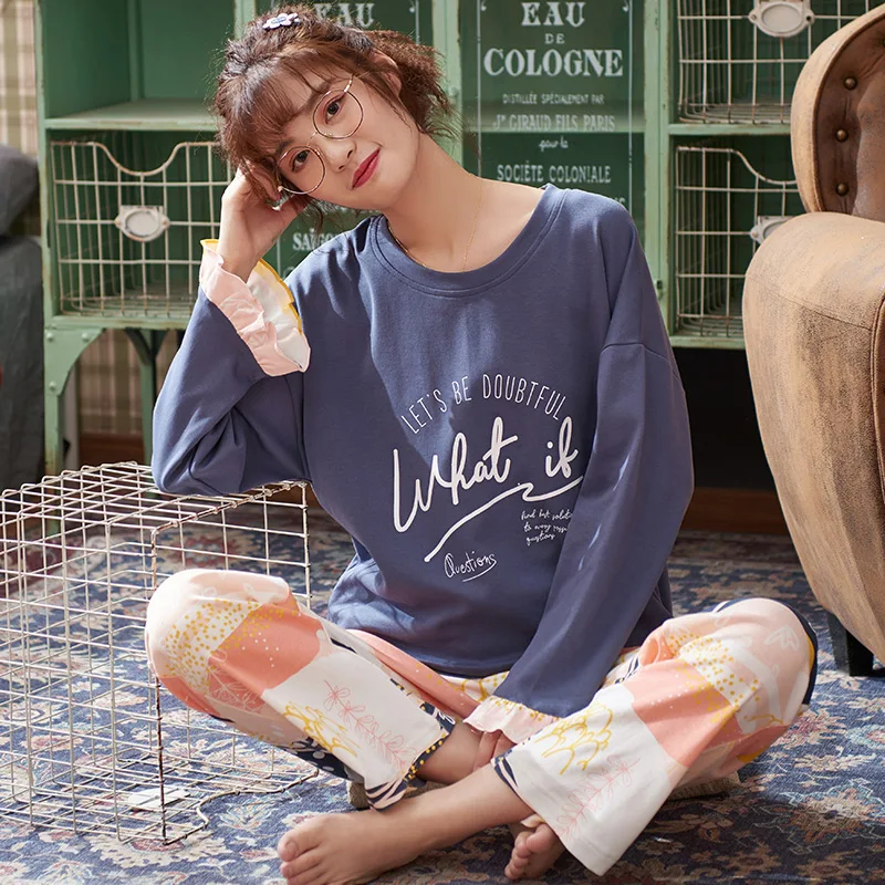 M L XL XXL XXXL 4XL Для женщин Хлопковая пижама комплект с принтом для девочек, пижамный комплект, пижама с длинными рукавами костюм Для женщин наборы пижам осень-зима