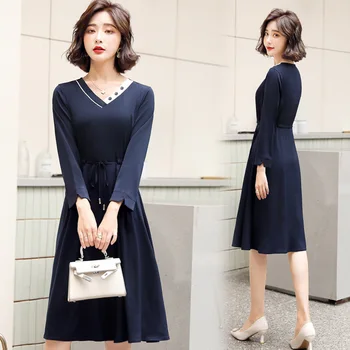 

2020 Fall Women's New Fashion V-neck Long - Sleeve Temperament Elegant Dress Simple and Comfortable Casual Dress With Belt M-XXL