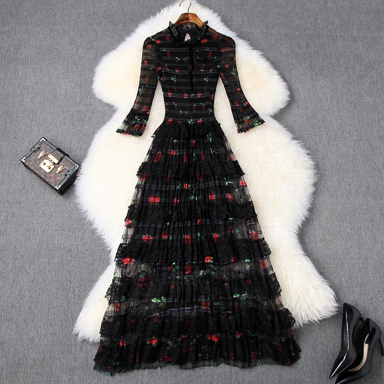 Приталенное и расклешенное платье весна лето женское сексуальное прозрачное Сетчатое Каскадное кружевное лоскутное винтажное фиолетовое синее черное платье - Цвет: black