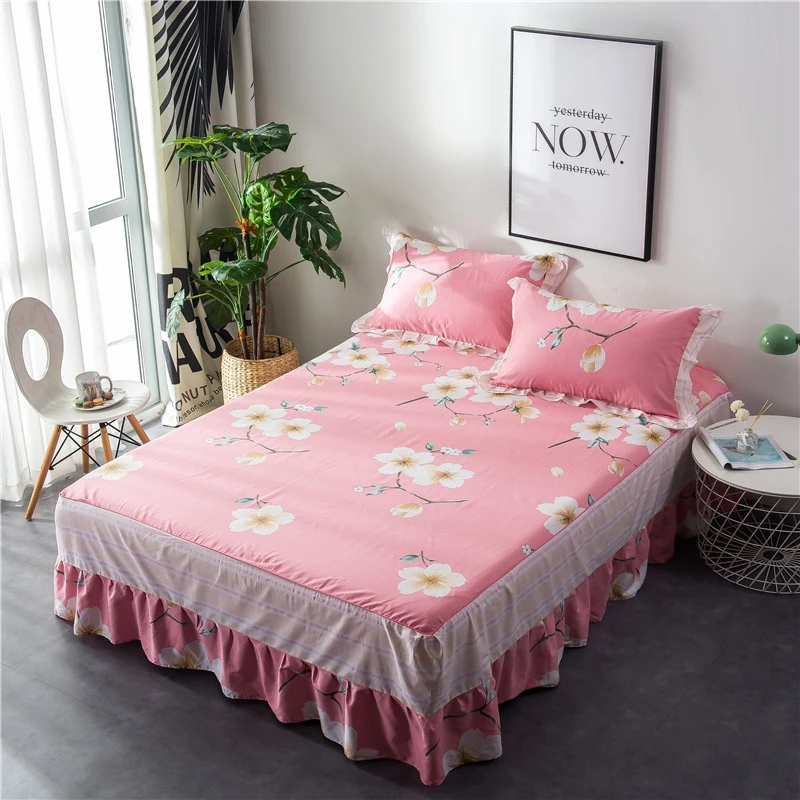 

100% Cotton Bed Skirt Cover Flowers Fitted Sheet Cover Bedcloths Bedroom Bed Cover Full King Queen Size Bedsheet With Elastic