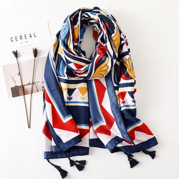 

Bohemian Folk Style Summer Cotton Linen Scarf Geometric Print Holiday SunScreen Air-conditioning Shawl for Woman
