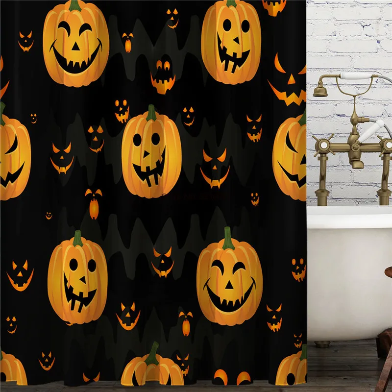Halloween Bathroom Shower Curtains Black Background Grey Skull