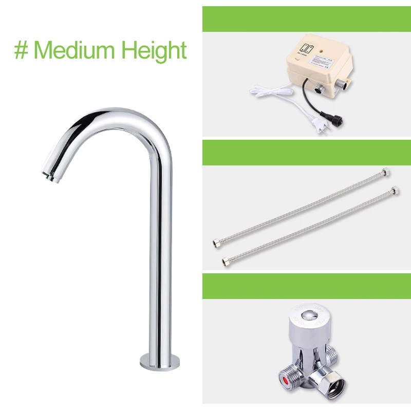 Medium Height Смеситель для ванной комнаты с датчиком, смеситель горячей и холодной воды, кран для раковины, кран с батареей, инфракрасный луч, умный медный кран, хромированная отделка, крепление на палубе - Цвет: Medium Height