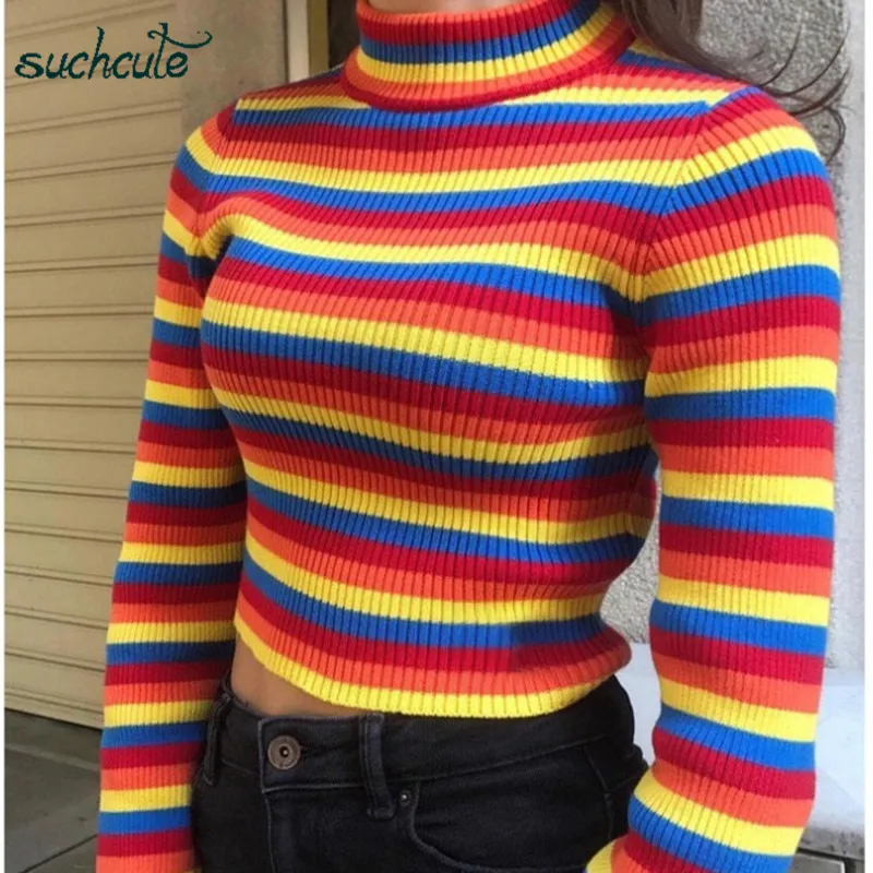 SUCHCUTE/женские футболки радужной вязки Modis Truthleneck Longslive Harajuku Готический Повседневный корейский стиль женские топы фестиваль