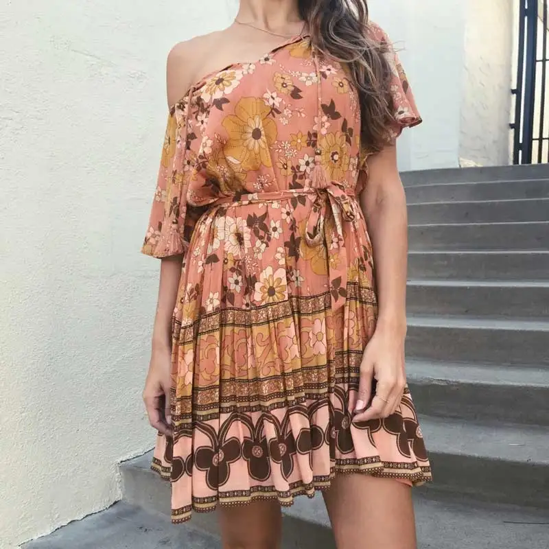 mini dress GypsyLady, Ретро стиль, Цветочное платье макси, бохо, женское платье на пуговицах, с эластичной талией,, летнее платье с кисточками, Повседневное платье, женское длинное платье - Цвет: mini dress