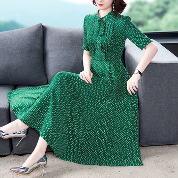 

2020 Summer New Elegant Green Polka Dot Dress Short Sleeve High Waist Was Thin Temperament Swing Silk Dress Women Clothes