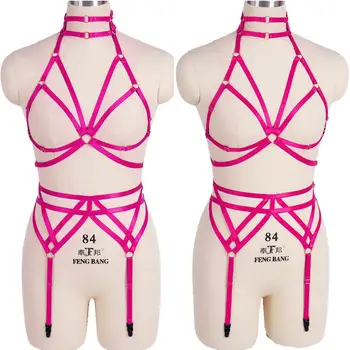 

Women Body Harness Bra Belt Sets Bondage Pastel Goth Rose Red Stockings Garters Waist Cage Crop Top Lingerie Belts Elastic Rave