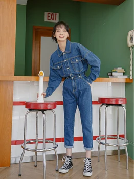

Jumpsuit Women Vintage High Waist Denim Jeans Jumpsuits One Piece Overalls Combinaison Dropshipping Full Length Solid Button