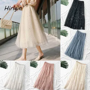 

2020 Spring Summer Skirts Women Korea Long Tulle Skirt Sequined ball gown Midi Skirt Chic High Waist Skirt Female glitter skirts
