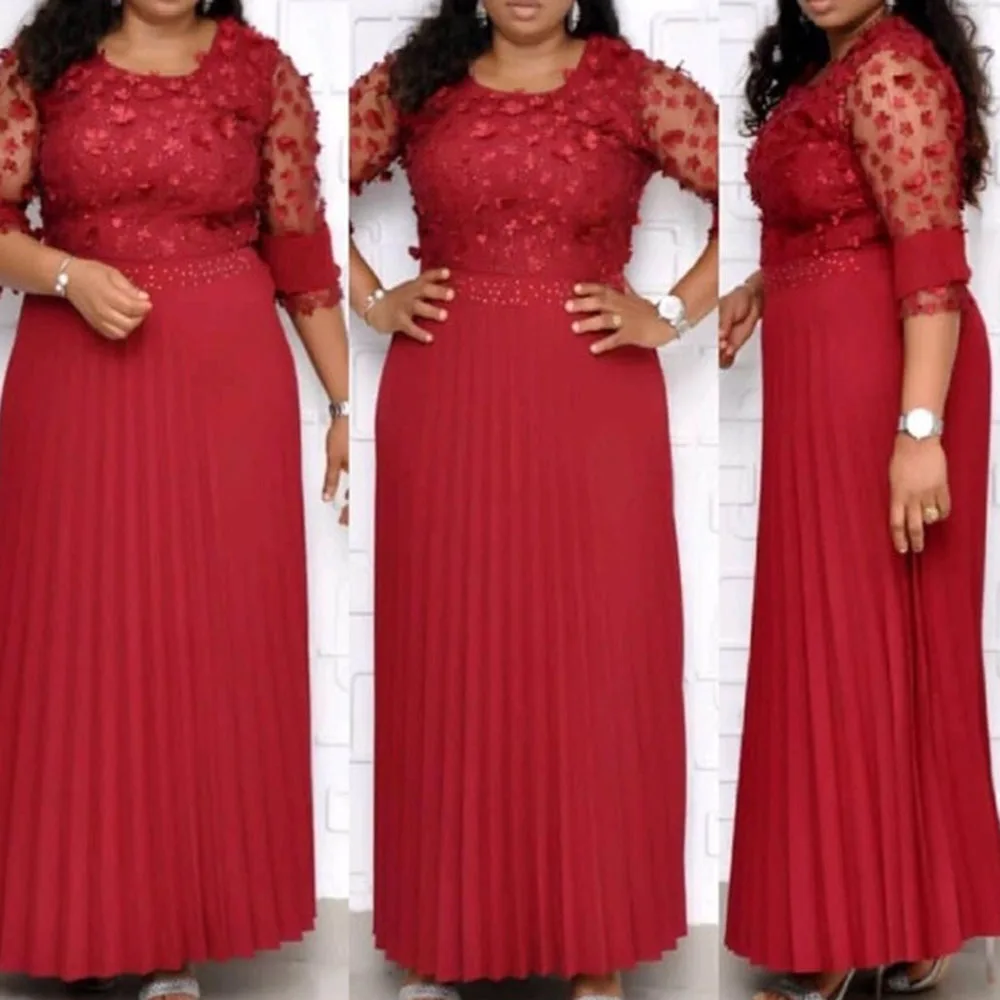 

Spring Fall 3D Flowers Shiny Silver Pink African Women Party Dresses Solid Red Loose Pleated Long Dresses Maxi Dresses Elegant