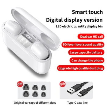 

9D Bluetooth Waterproof Headphones Wireless Headset 2500mAh LED Display Sport Earbuds White/Black Universal
