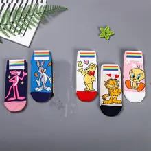 Розовый Леопардовый принт с героями мультфильмов; носки с героями мультфильмов; милые забавные женские хлопковые носки; осенние модные повседневные удобные спортивные корейские носки