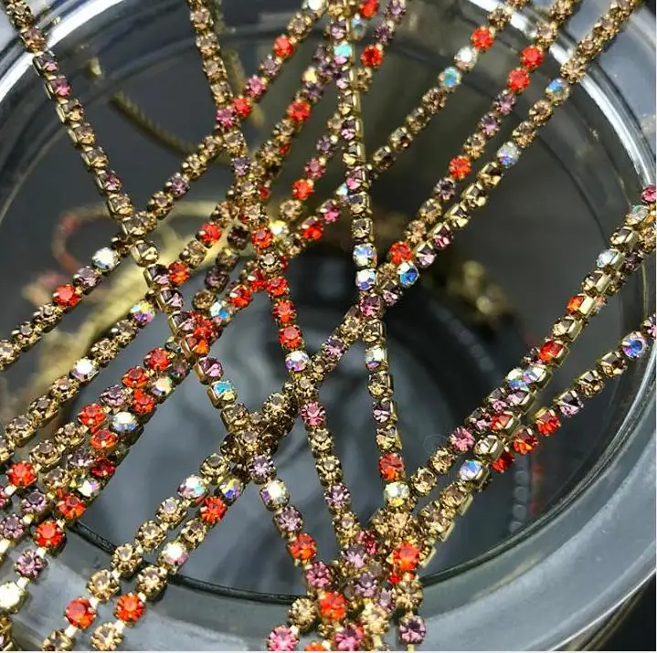 mix orange in gold 2 мм ss6 цепочка со стразами, цвет gunmetal необычная DIY цепочка из стразов аксессуары, 9,5 ярдов/партия, Модная отделка в стиле панк - Цвет: mix orange in gold