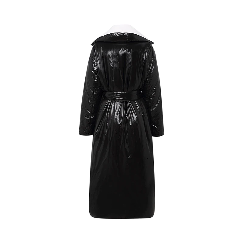 CHICEVER PU Leather Hit Color Lace Up Womens Cotton Coats Lapel Collar Long Sleeve Parkas Female Fashion Winter New Clothes