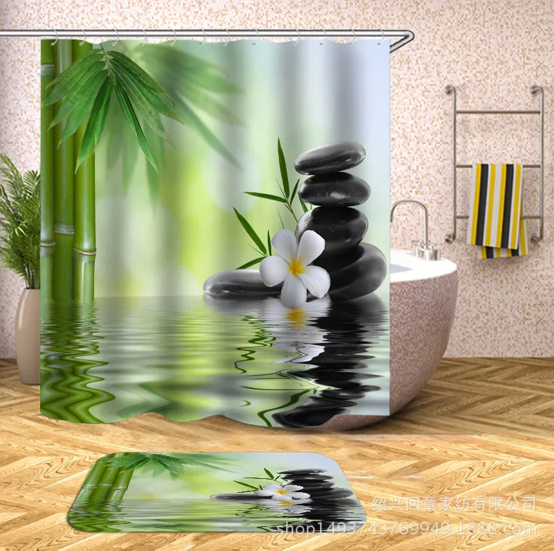 Bamboo Flower Stacked Stone Water Reflection Series Digital Printing Shower Curtain Waterproof Mould Proof Pure tong kou yan Gra